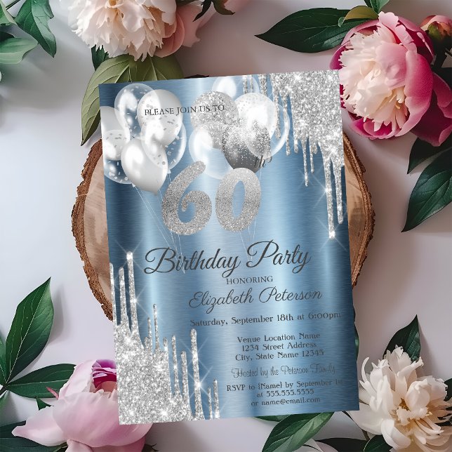 Convites Balões de Glitter Prateado com Gotas Azul Metálico (Criador carregado)