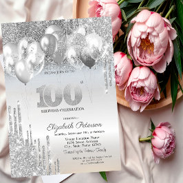Convites Balões de Gotas de Brilho Prateado Aniversário de