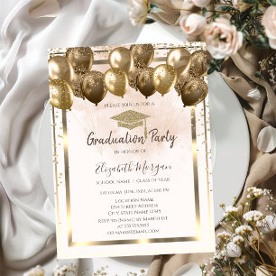 Convites Balões de Graduação Diamantes Ouro Grad Cap Creme