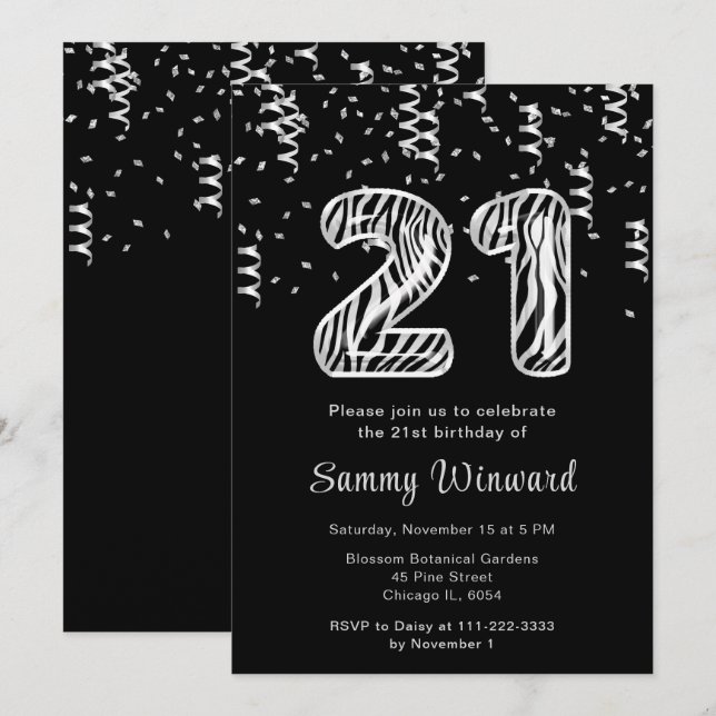 Convites Balões de Impressão aniversário de 21 anos Zebra c (Frente/Verso)