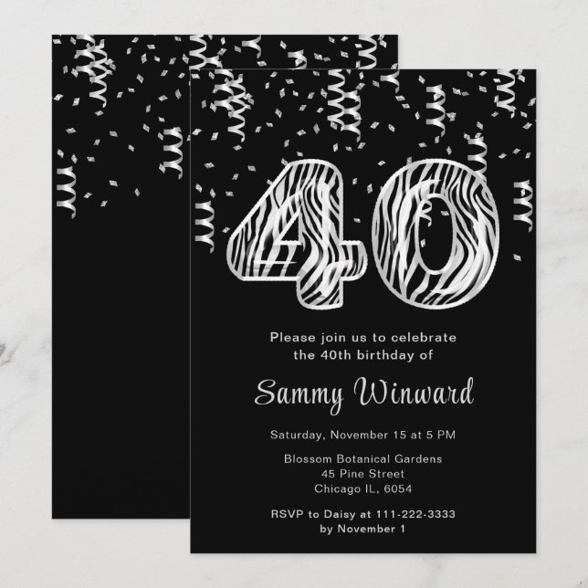 Convites Balões de Impressão aniversário de 40 anos Zebra c (Frente/Verso)