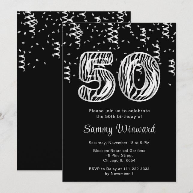Convites Balões de Impressão de Zebra de 50º aniversário co (Frente/Verso)