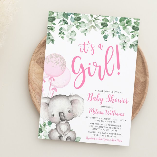 Convites Balões de Koala Eucalipto Festa de Bebê Menina (Criador carregado)