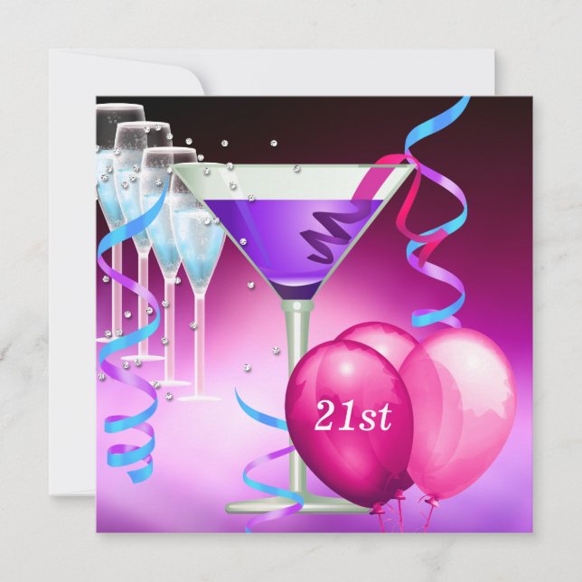 Convites Balões de Martini Branco Rosa Roxo para Aniversári (Frente)
