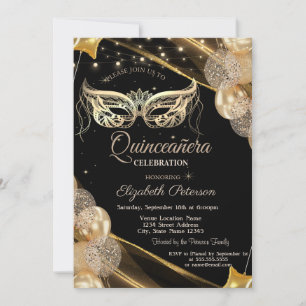 Convites Balões de Mascarada Estrelas Preto Quinceañera