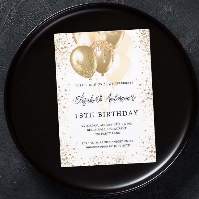 Convites Balões de ouro branco-festa de aniversário (Criador carregado)