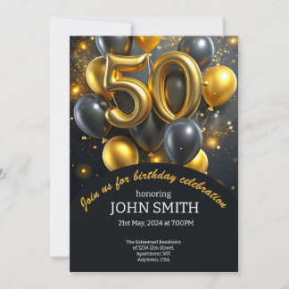Convites Balões de ouro de 50 anos pretos brilhando