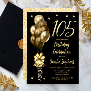 Convites Balões de Ouro Elegantes em Preto para Aniversário