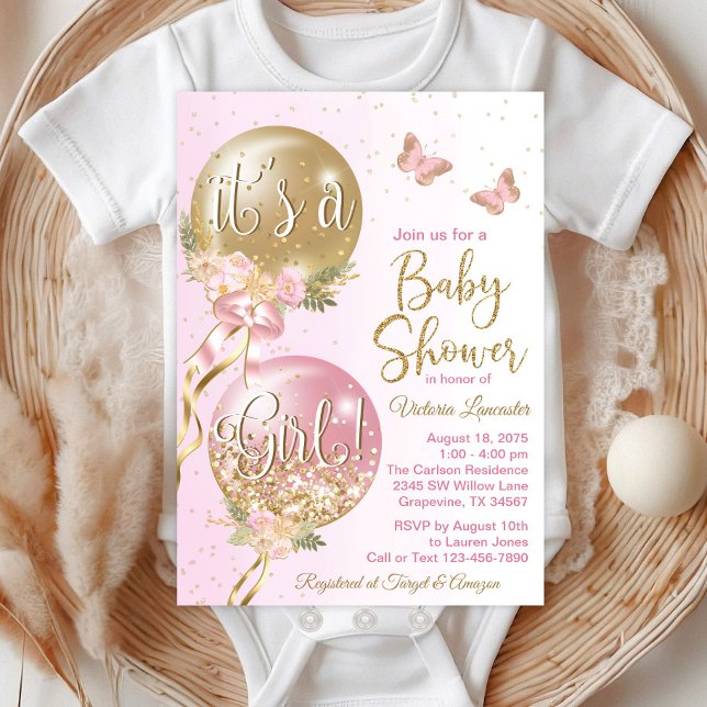 Convites Balões de Ouro Rosa Festa da Borboleta Bebê (Beautiful butterfly and balloons baby shower invitations. )