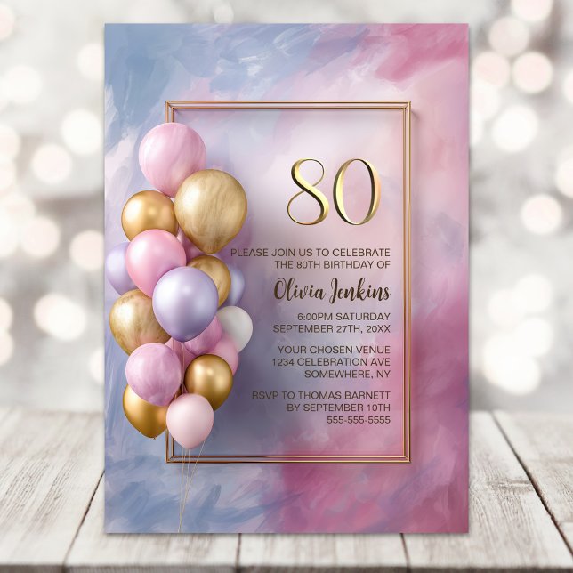 Convites Balões de Ouro Rosa Festa de 80 Anos (Criador carregado)