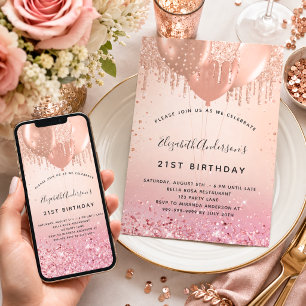 Convites Balões de ouro rosa-festa de aniversário