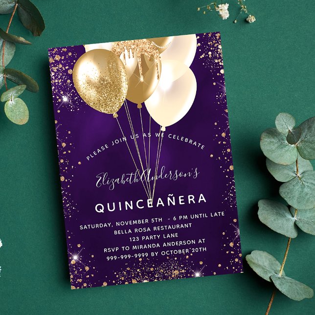 Convites Balões de ouro roxo de quinceanera luxo (Criador carregado)