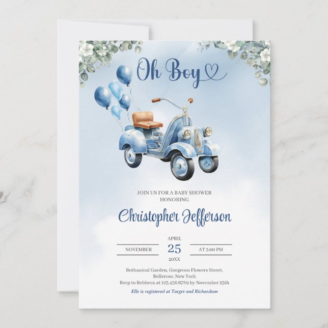 Convites Balões de patinete de bebê Chá de fraldas de menin (Frente)