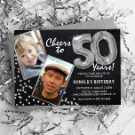Convites Balões de prata de quadro quente 2 Foto 50º aniver<br><div class="desc">Celebrar o marco de entrar no magnífico 50 com esses únicos "Balões de Prata de Chalkboard 50th Birthday Invtions". Enriquecidos com um fundo calkboard rústico e flechas de cintilação falsa, estes convida o encanto vintage exude e a elegância moderna. Carregue uma foto da estrela de aniversário, então e agora, e...</div>