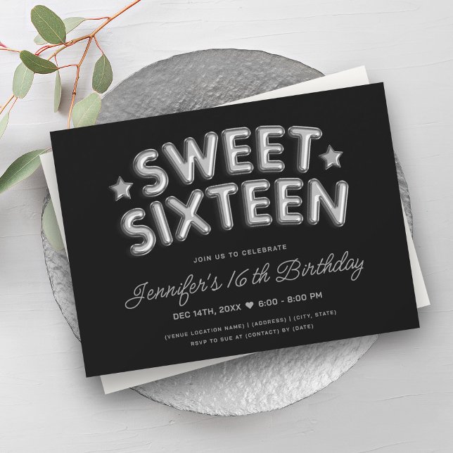 Convites Balões de Prata Glam Modernos Black Sweet 16 (Modern Glam Silver Balloons Black Sweet 16 Invitation)