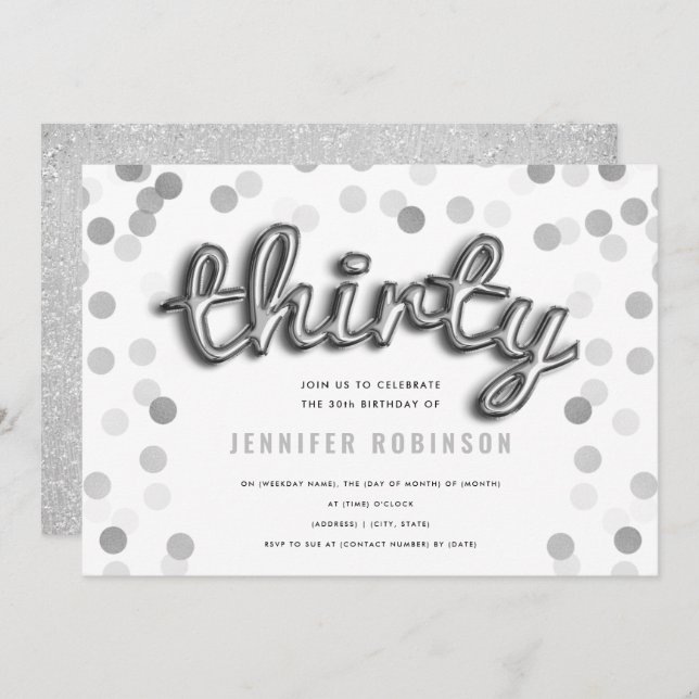 Convites Balões de Prata Modernos Brilham Trinta Anos (Frente/Verso)