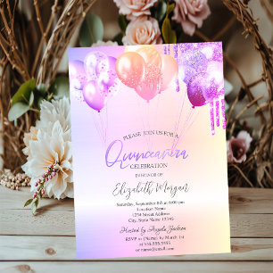Convites Balões de Purpurina Roxa Quinceañera Prata