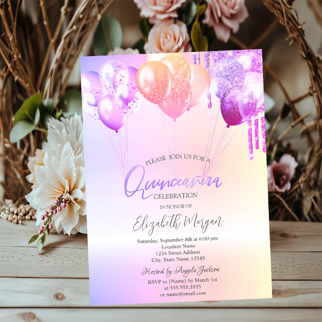 Convites Balões de Purpurina Roxa Quinceañera Prata (Criador carregado)