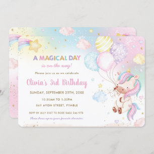 Convites Balões de Unicórnio Cachinhos Arco-íris 