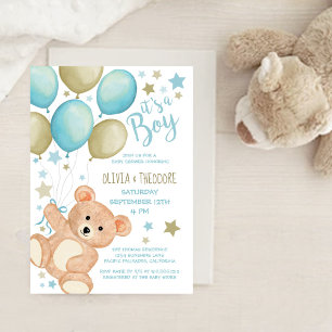 Convites Balões de Urso Azul, Chá de fraldas Dourado