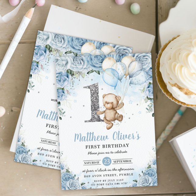 Convites Balões de Urso Azul Floral Primeiro primeiro anive (Criador carregado)