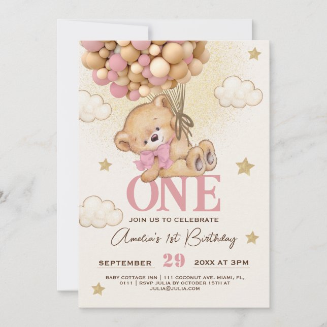 Convites Balões de Urso Bebê Menina 1º Aniversário  (Frente)