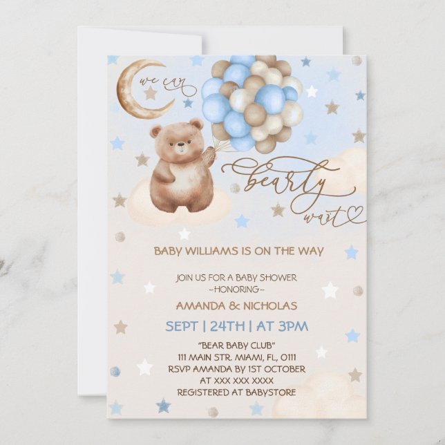 Convites Balões de Urso de Pelúcia Azul Caprichoso Festa de (Frente)