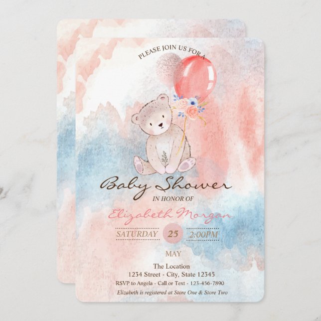 Convites Balões de Urso de Pelúcia Chá de Bebê Aquarela (Frente/Verso)