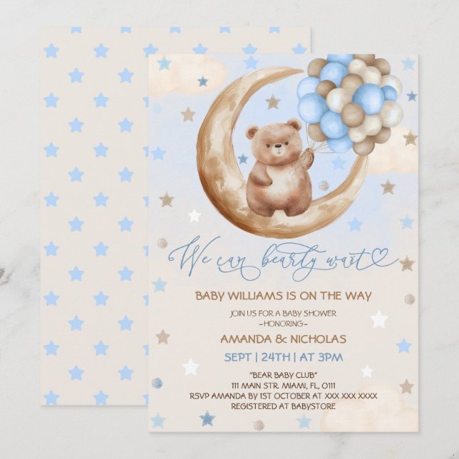 Convites Balões de Urso de Pelúcia & Menino Azul Lua Chá de (Frente/Verso)