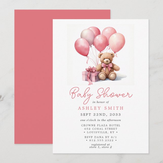 Convites Balões de Urso de Pelúcia Rosa para Chá de Bebê Me (Frente/Verso)