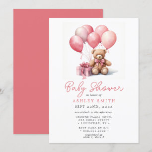 Convites Balões de Urso de Pelúcia Rosa para Chá de Bebê Me