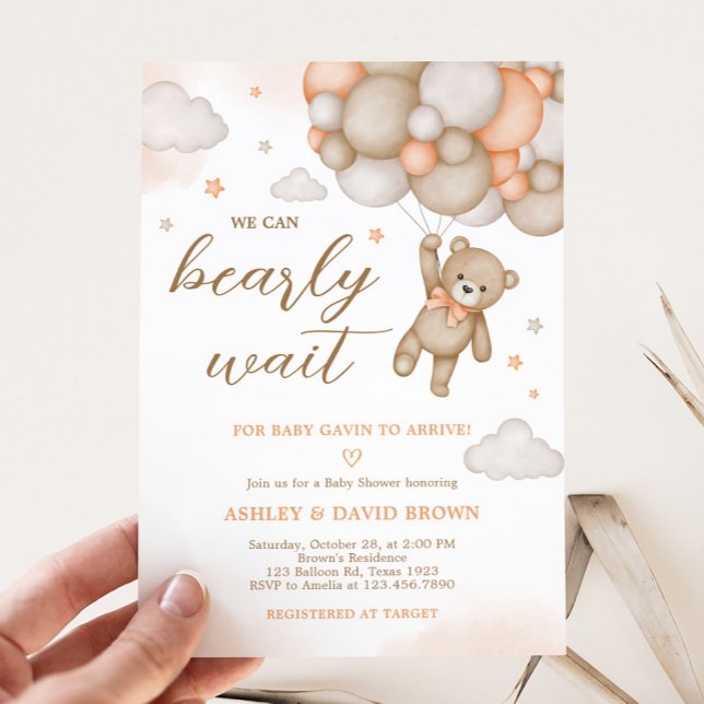 Convites Balões de Urso Laranja para Chá de Bebê  (Bearly Wait Bear Baby Shower Invitation)