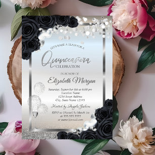 Convites Balões de Vidro de Vinho Rosas Pretas Quinceañera