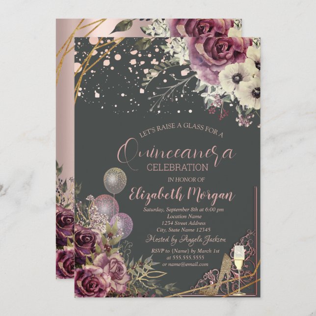 Convites Balões de Vidro Flores de Escalços Glitter Quincea (Frente/Verso)