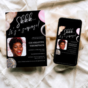 Convites Balões divertidos - foto preta de ouro - surpresa