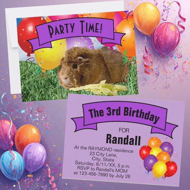 Convites Balões do Partido aniversário de 3 anos para Crian (Guinea pig & balloon party invitation template predominantly purples for kid's special occasion.)