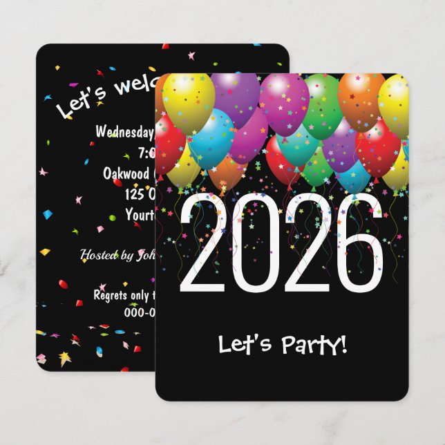 Convites Balões do Partido do Ano Novo 2026 (Frente/Verso)