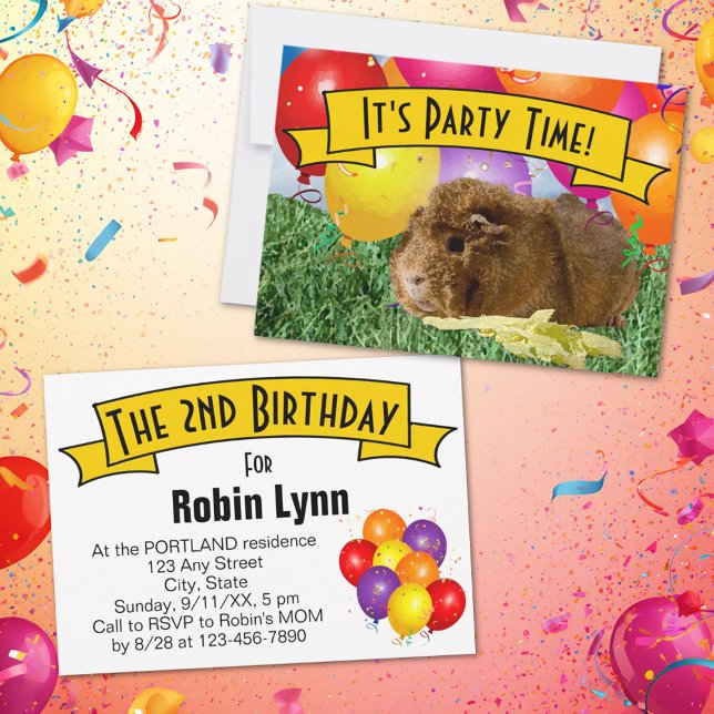 Convites Balões do Partido segundo aniversário das Crianças (Guinea pig birthday party invitation template.)