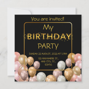 Convites Balões Dourados. Aniversário elegante