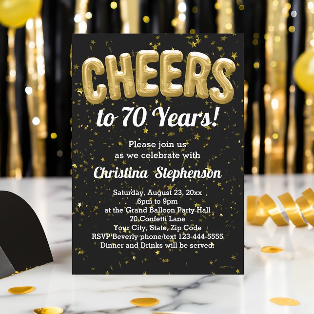 Convites Balões Dourados aplaudem 70 anos de 70 de aniversá (cheers to 70 years 70th birthday party invitations)