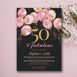 Convites Balões Dourados, cor-de-rosa, 50.o aniversário