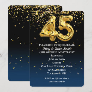 Convites Balões Dourados de Aniversário de 45 Anos & Confet