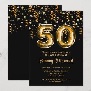 Convites Balões Dourados de Aniversário de 50 anos com Conf