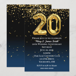 Convites Balões Dourados do 20 e Confetti Invita