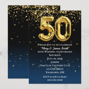 Convites Balões Dourados do 50º aniversário e Confetti