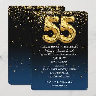 Convites Balões Dourados do 55.º aniversário e Confetti
