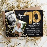 Convites Balões Dourados do Quadro de Chalkboard 2 Foto70 B<br><div class="desc">Celebrando o BIG 70! Estes convites permitem-vos carregar uma fotografia antes e depois do aniversário do homem ou da mulher num quadro de ouro, com o título 'Saúde até 70 Anos!'. Apresentando um fundo calkboard rústico, balões de hélio com número de ouro, flechas de brilho dourado e uma simples modelo...</div>