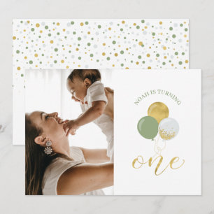 Convites Balões Dourados e Salvia   Festa de 1º Aniversário