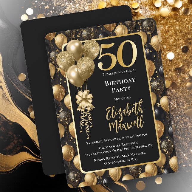 Convites Balões Dourados Elegantes, Balões Leves 50.o Anive (Elegant Black Gold-Tone Faux Glitter Balloons Pattern 50th Birthday Party Invitation 
Print Digital)