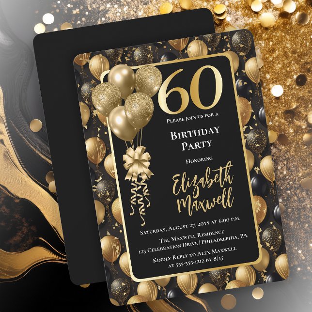 Convites Balões Dourados Elegantes de Lâmpadas Látter Preta (Elegant Black Gold-Tone Faux Glitter Balloons Pattern 60th Birthday Party Invitation 
Print Digital)
